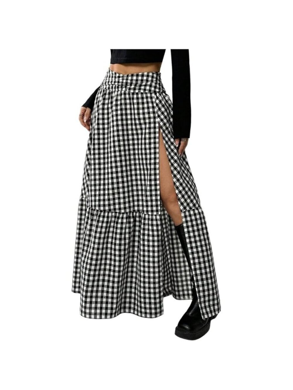 Women's Gingham Black Whit Western Low Rise Maxi Ruffle High Slit Cowgirl Skirts